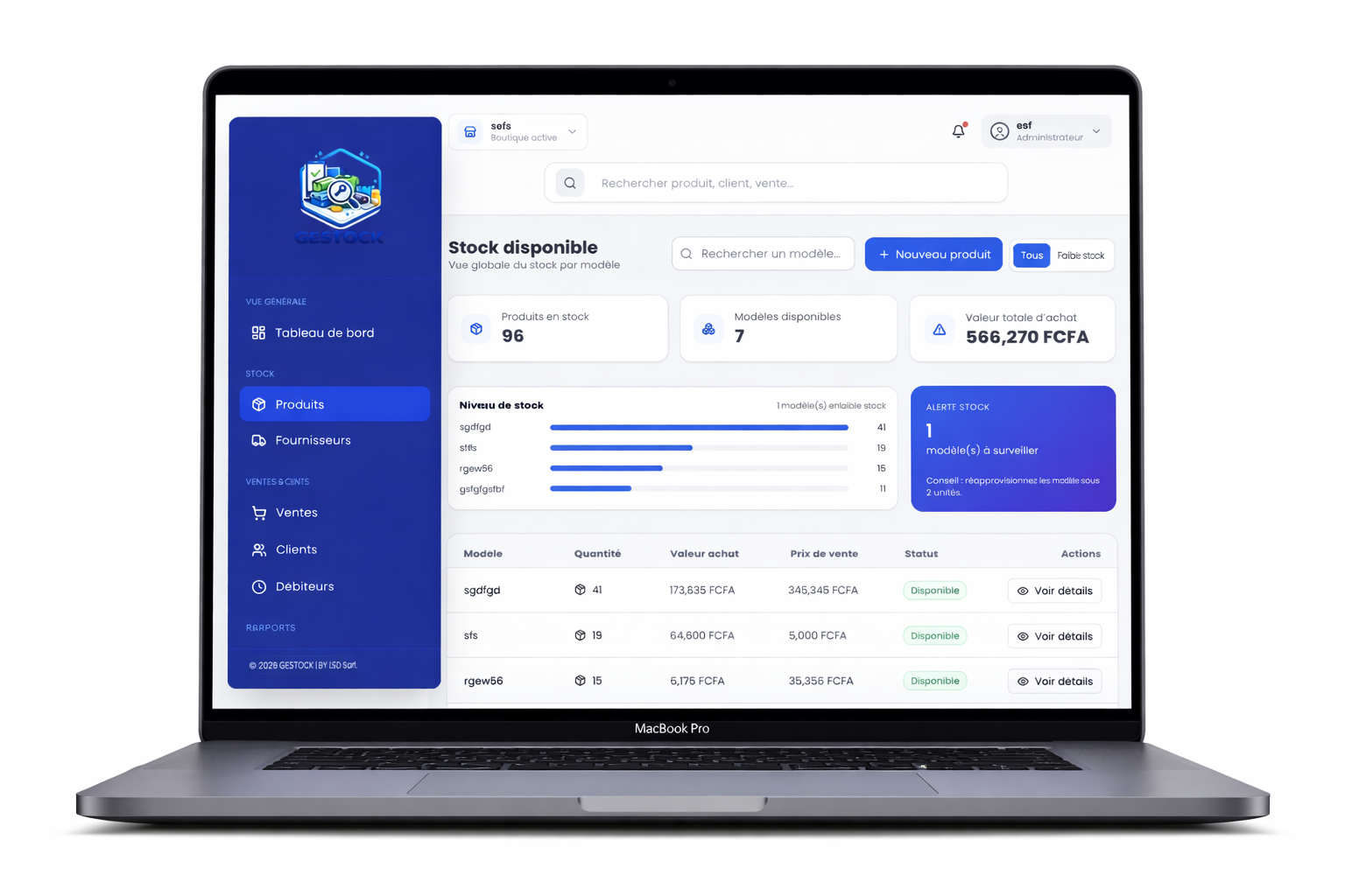 Apercu du dashboard Gestock